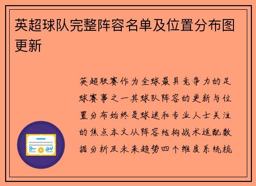 英超球队完整阵容名单及位置分布图更新