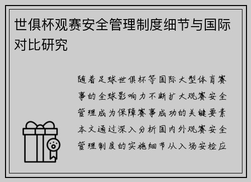 世俱杯观赛安全管理制度细节与国际对比研究